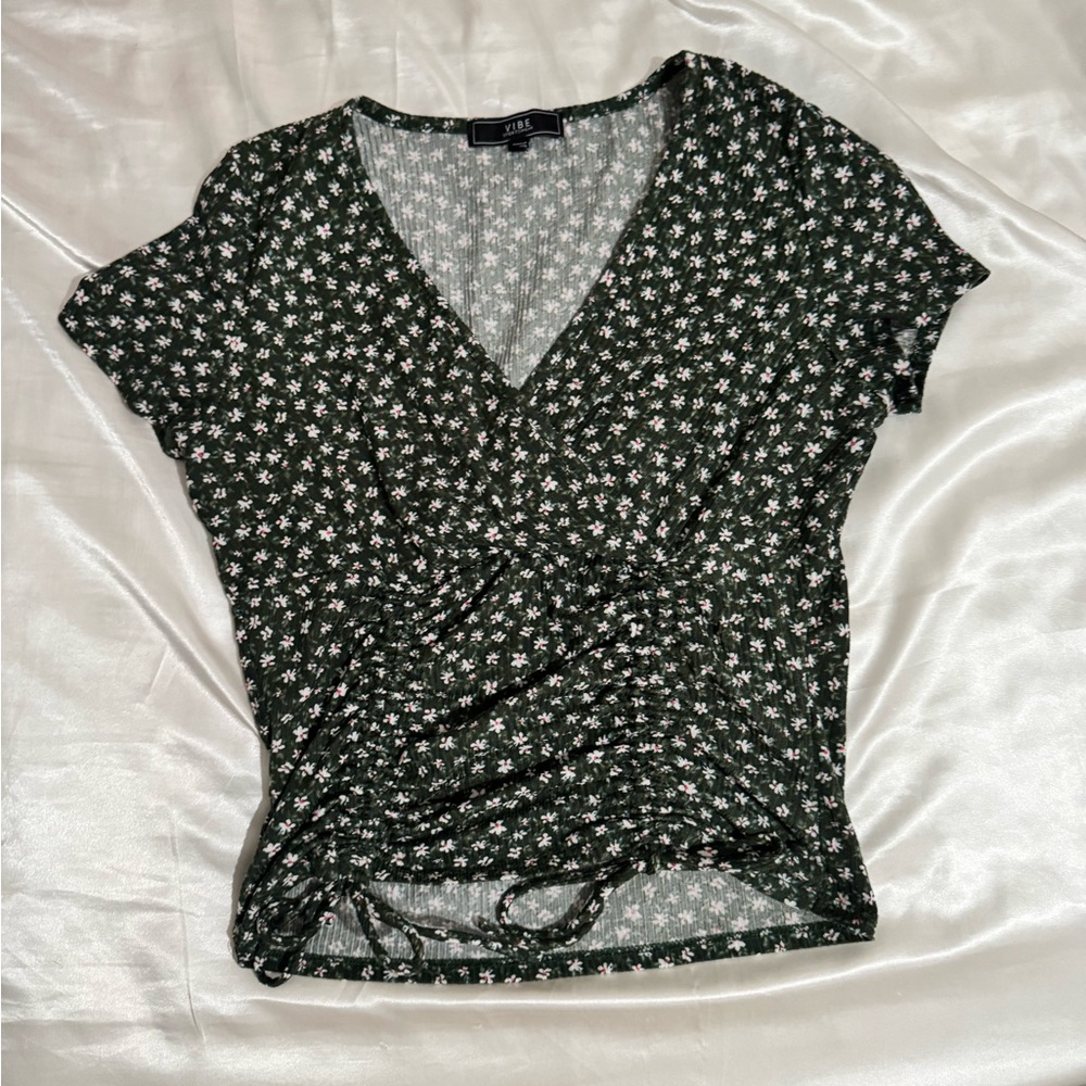 CAbi Green Floral Wrap Top
